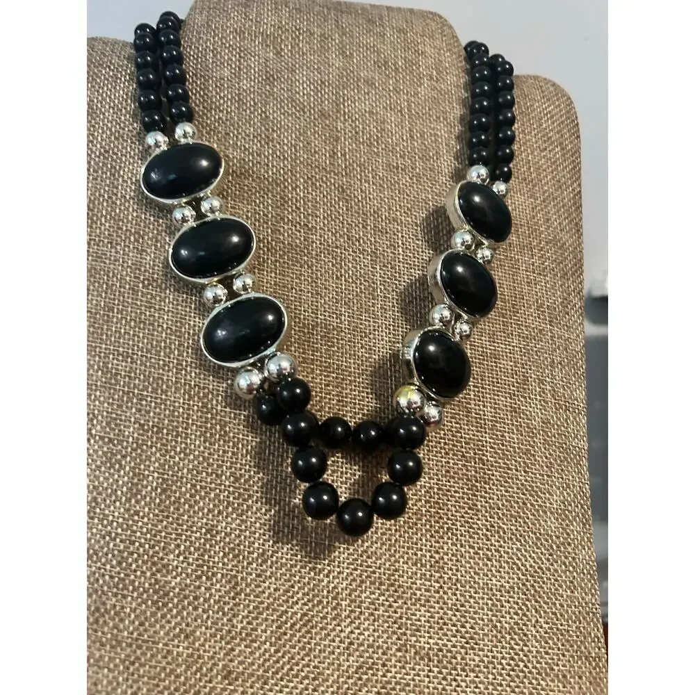 Vintage 90s Dual Strand Black Silver Bead Necklace Graduated Choker 18 Inch